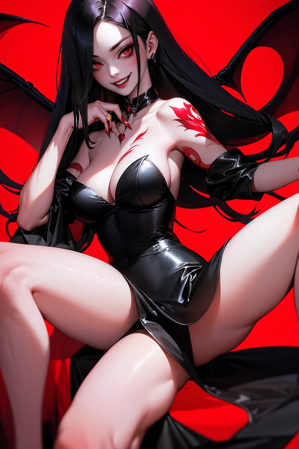 vampire girl, long canines, red outfit, malicious smile, very ong black hair, Short strapless dress, showing most of her large breasts, generous neckline, Bare arms with horror tattoos, sultry posing, bats flying around, Gothic visual, gorgeous face, perfec tbody