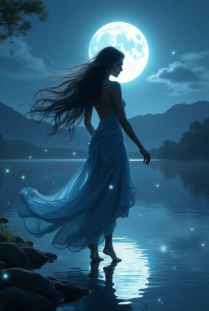 Yakshini in the Moonlight
A Yakshini dancing under the full moon, her silhouette outlined against the night sky. Her flowing hair and sari move with the wind, and she is surrounded by floating orbs of light. The background features a serene lake reflecting the moon and stars, with mountains in the distance. The overall mood is calm and enchanting.