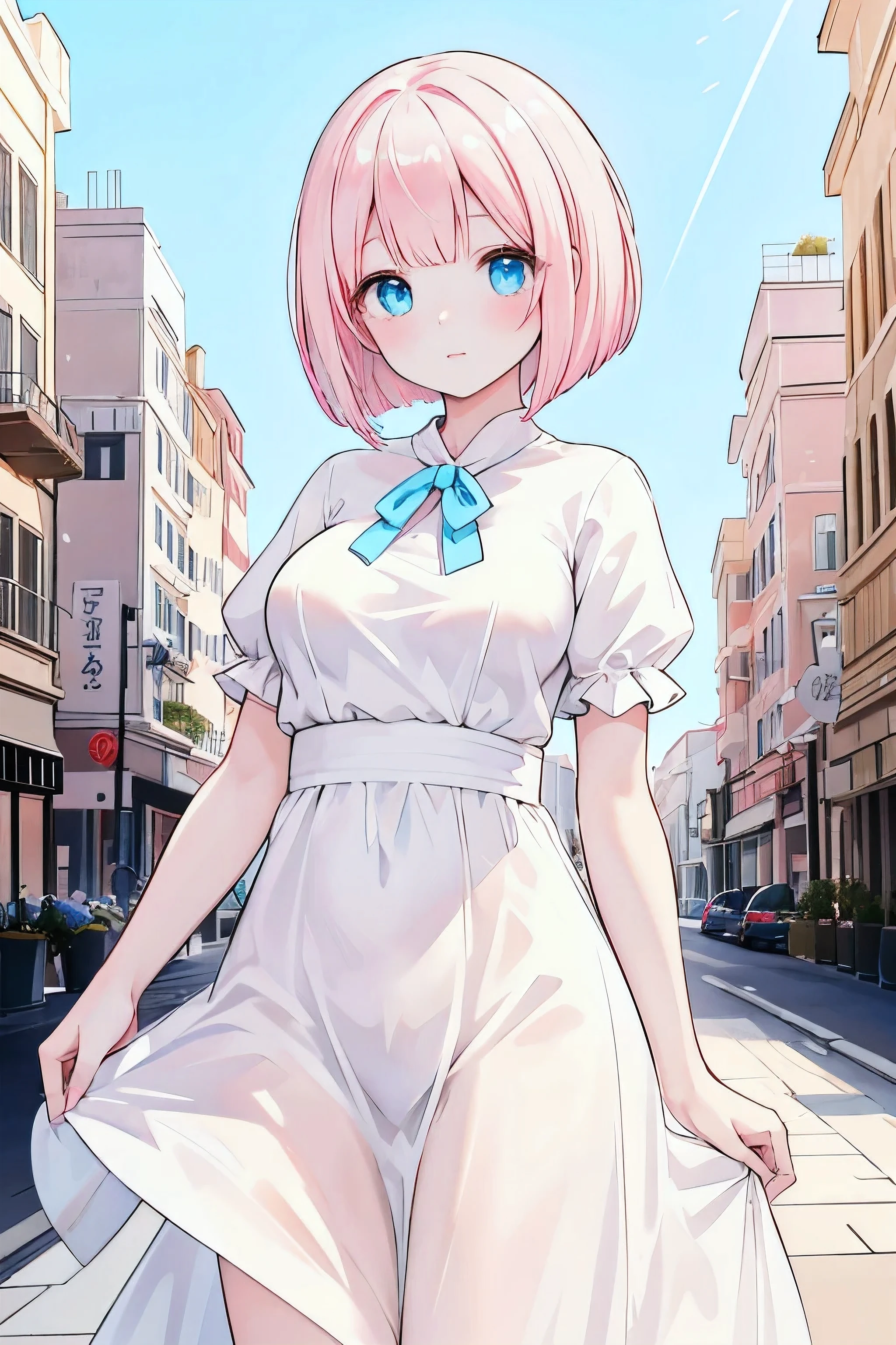 Photorealistic、Highest quality、Highest Resolution、Highest quality、16K、One beautiful woman、Cute face、Delicate face、Bob cut hair、A bright, pale white-pink hair color、Pale blue eyes、Delicate eyes、Beautiful breasts、Big Breasts、Casual clothing、Blue sky、In the city、Sexy pose、