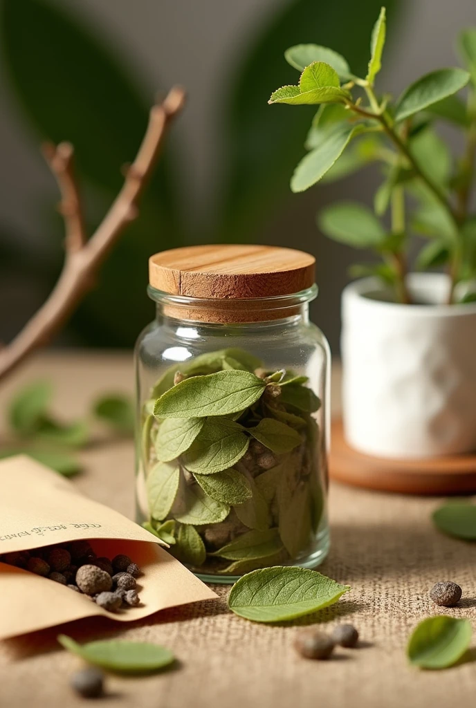 Create an image that shows a set of elements used for making an infusion based on guanabana leaves and stevia leaves. The main scene should focus on a transparent glass jar with a wooden lid, placed on a rustic wooden table. Inside the jar, you should see dry guanabana and stevia leaves, clearly visible through the glass.
On the side of the jar, place a natural kraft paper envelope, labeled with an elegant label that says "Guanabana and Stevia Infusion". The envelope should be slightly open, showing a little of the dried leaves inside.
In the background, add natural elements like a guanabana twig with fresh green leaves and a small stevia plant in a white ceramic pot. Lighting should be soft and warm, highlighting the ingredient details and creating a cozy and natural atmosphere.