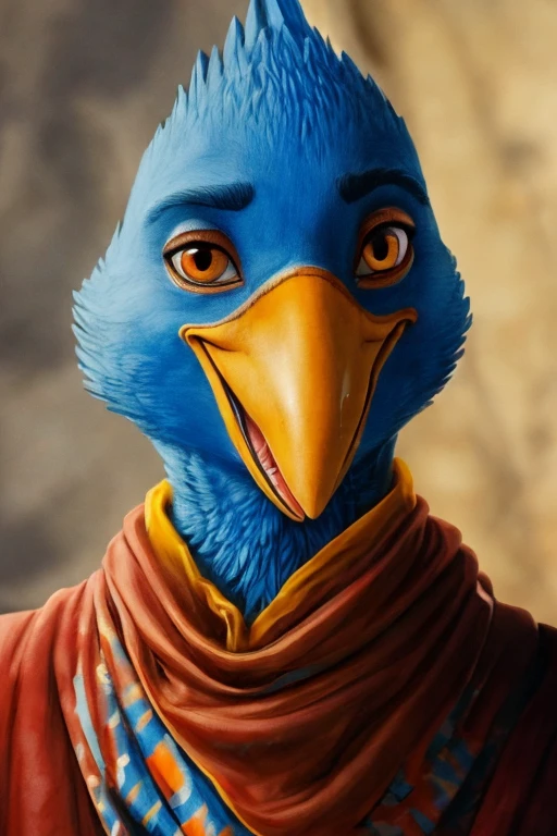 Anthropomorphic blue bird, large yellow and orange beak, zoom in on face, Grinning, gazing at viewer, olhando de lado, background red