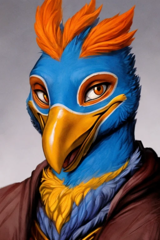 Anthropomorphic blue bird, large yellow and orange beak, zoom in on face, Grinning, gazing at viewer, olhando de lado, background red