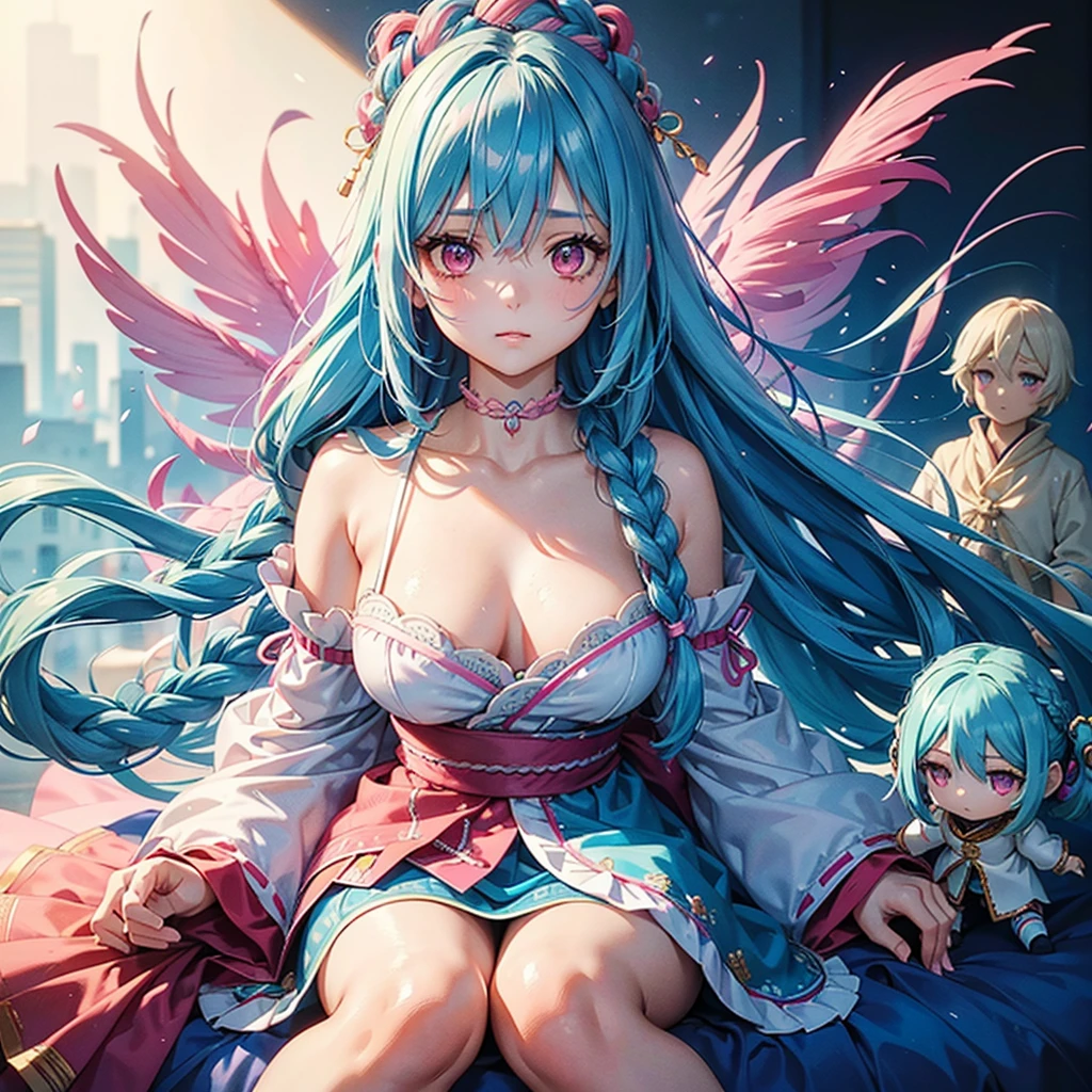 (Tying her sky blue hair into a single braid),(Pink Eyes),Fair skin,whole body,alone,Doll Festival、Hina Dolls、Hina Arare、masterpiece, Highest quality, Very detailed, Best Shadow,Detailed Background,Beautifully detailed face,High Contrast,Best lighting, Very delicate and beautiful,Cinematic Light,Hyper Detail,8k,Dramatic Light,Exquisite detail,
