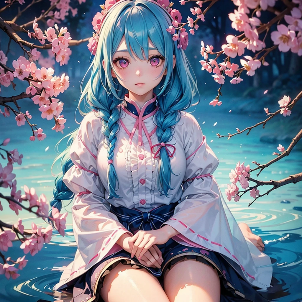 (Tying her sky blue hair into a single braid),(Pink Eyes),Fair skin,whole body,alone,Doll Festival、Hina Dolls、Hina Arare、masterpiece, Highest quality, Very detailed, Best Shadow,Detailed Background,Beautifully detailed face,High Contrast,Best lighting, Very delicate and beautiful,Cinematic Light,Hyper Detail,8k,Dramatic Light,Exquisite detail,