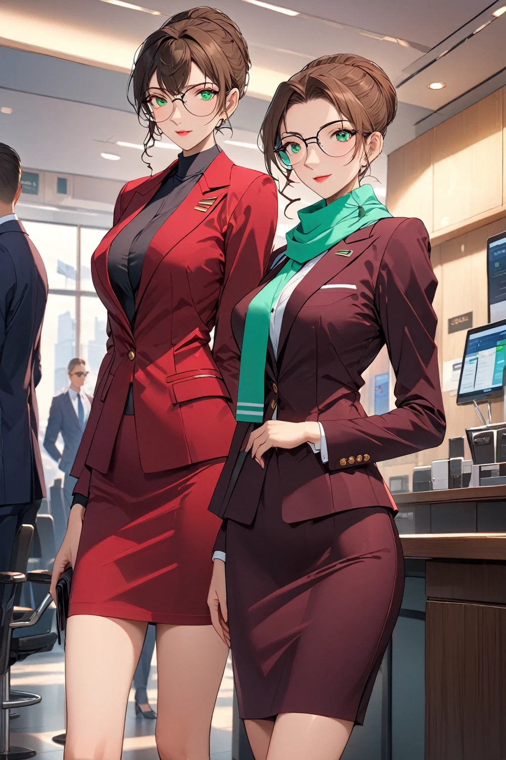 (Extremely detailed, best quality, high resolution, individual,masterpiece:1.4), A beautiful stewardess standing side by side,Anya Ivanova, Tall and thin, Long brown hair, wearing glasses ,Warmth and confidence, Provocative Red Velvet, Matching blazer, Short pencil skirt,Black high heels, Scarves, Side cover, Stay calm、Professionalism, A welcoming smile, Slender,Bright green eyes
