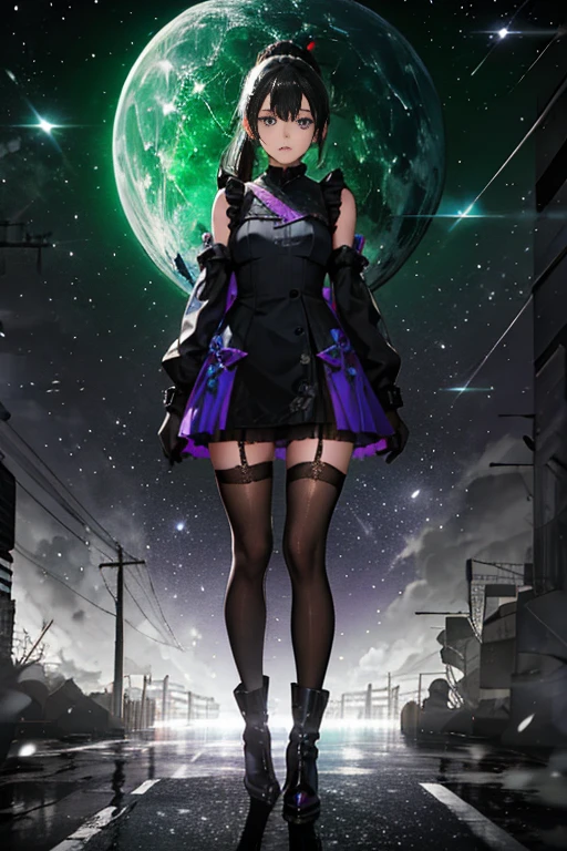 Anime Art、Hong Kong City Streets and Roads、Full body portrait、Modern street killer、Moonlit Ruins、Slim woman, height: about. 155cm, Around 15 years old, Wearing a black mini dress, Bare hands、Black over-the-knee socks、Ponytail Hairstyles、The eyes are covered by the bangs、Black Hair, a vague look、Purple eyes、gloves、stockings、boots、She has silver earrings.,Gaze, Small breasts,ゴシックータ