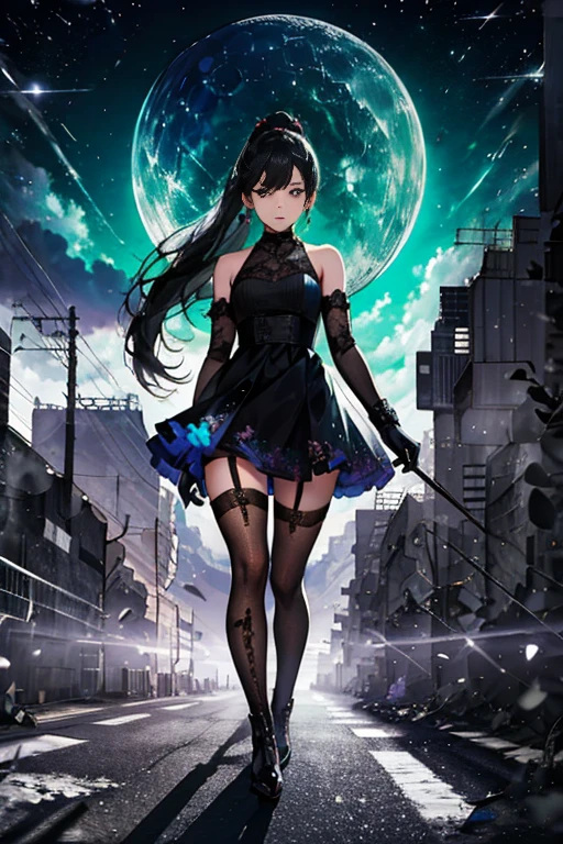 Anime Art、Hong Kong City Streets and Roads、Full body portrait、Modern street killer、Moonlit Ruins、Slim woman, height: about. 155cm, Around , Wearing a black mini dress, Bare hands、Black over-the-knee socks、Ponytail Hairstyles、The eyes are covered by the bangs、Black Hair, a vague look、Purple eyes、gloves、stockings、boots、She has silver earrings.,Gaze, Small breasts,ゴシックータ
