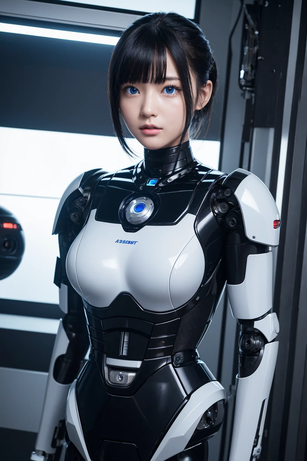 masterpiece, best quality, extremely detailed,8k portrait,Japaese android girl,Plump , control panels,android,Droid,Mechanical Hand, Robot arms and legs, Black hair,Blunt bangs,perfect robot girl,long tube,thick cable connected her neck,android,robot,humanoid,cyborg,japanese cyborg girl ,robot-assembly plant,She has assembled now,assembly scene,white robot body,blue eyes,