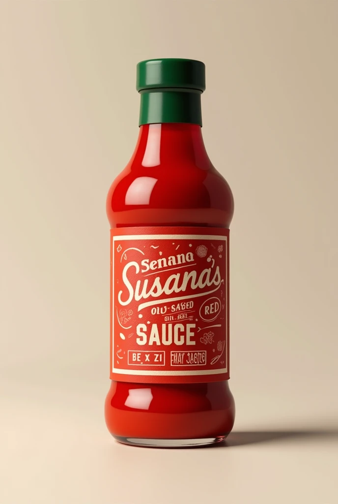 Small container red oil sauce label with Susana's name and flavor