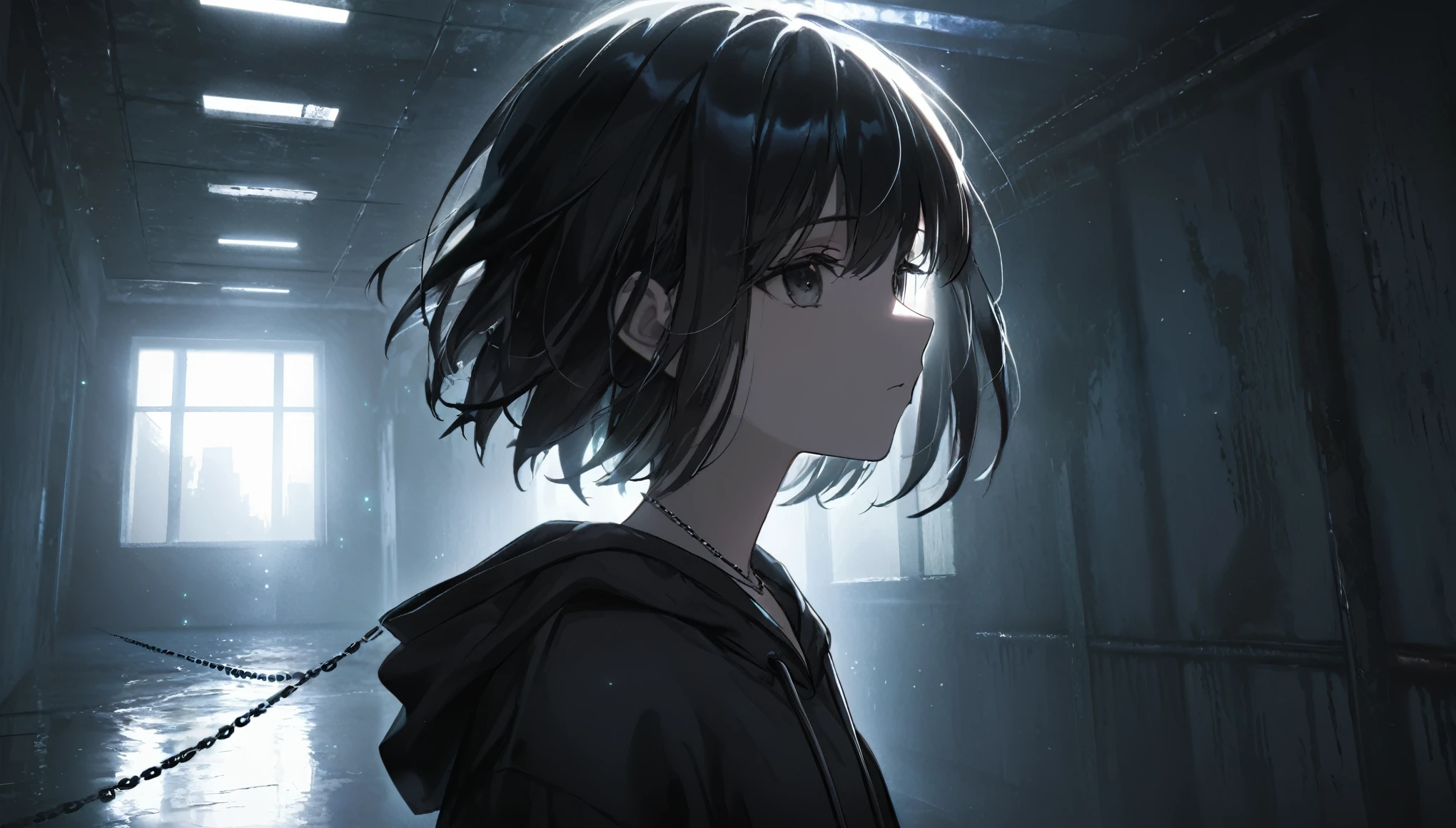 1girl, short black hair, dark fashion outfit, shiny diamond chains, grunge hoodie, contemplative, atmospheric, ethereal, dark scenery, empty room, close up, head shot, apocaliptic, ethereal, dramatic lighting, lost somewhere dark