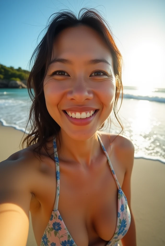 selfie, photo with GoPro camera pretty mature Pan Asian woman, with sexy bathing suit on beach, wet, smile, sharp face, soft Lighting, fisheye lens, sun flare, 