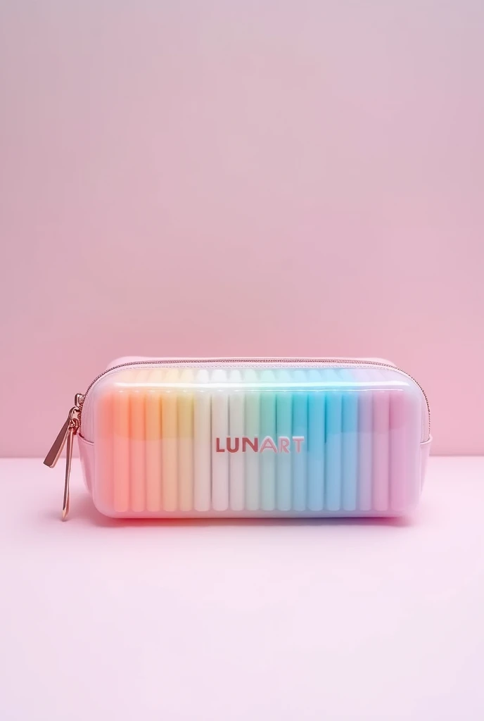 image of a colored pencil case with the name lunart, and that the case is transparent and pastel colors and that the colors are ordered