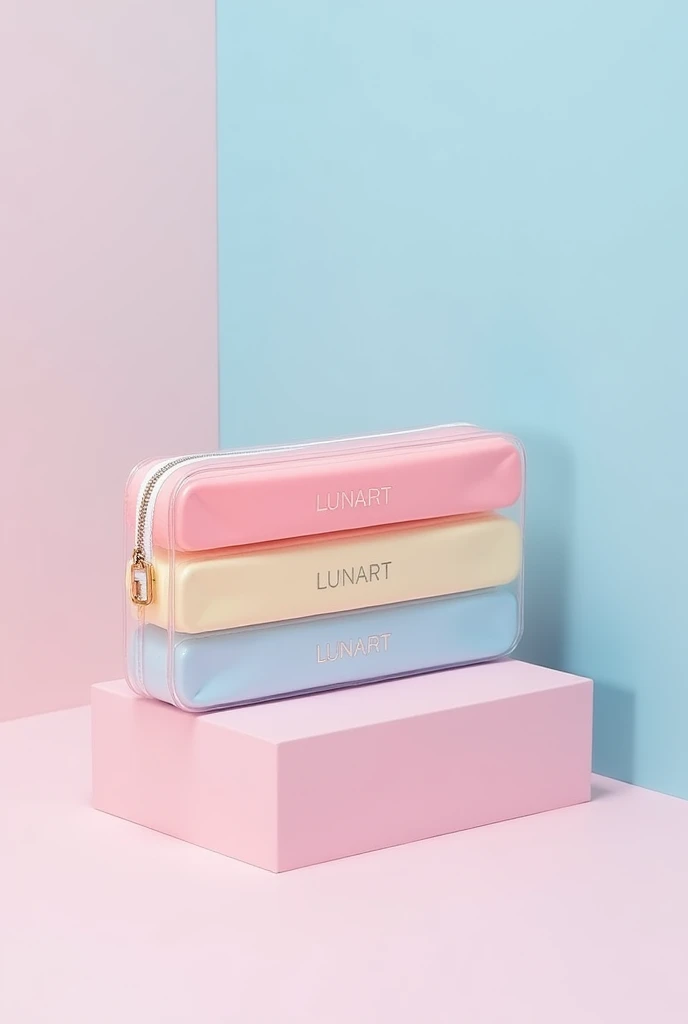 image of a colored pencil case with the name lunart, and that the case is transparent and pastel colors and that the colors are ordered