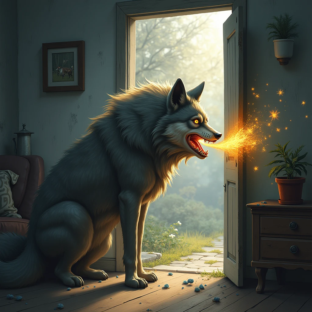 A big wolf blows air into the house.