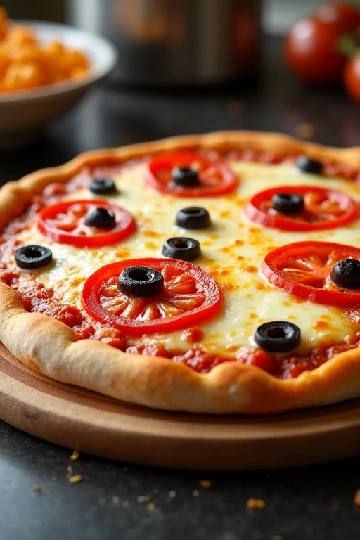 Full image of a realistic mozzarella pizza with lots of melted cheese, 5 tomato slices and olives between each tomato slice, catupiry cheese edges. The pizza is on a round board on a countertop.