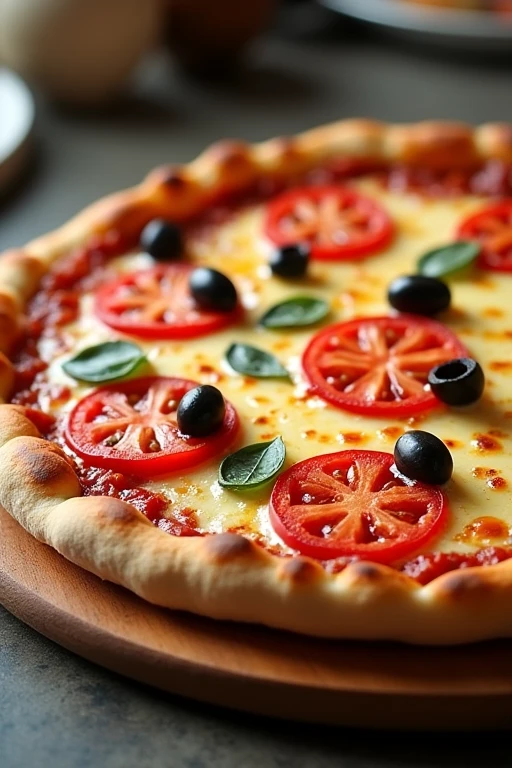 Full image of a realistic mozzarella pizza with lots of melted cheese, 5 tomato slices and olives between each tomato slice, catupiry cheese edges. The pizza is on a round board on a countertop.