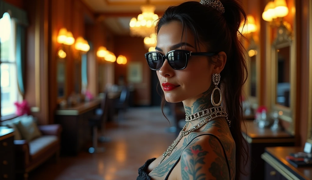 Ultrarealistic, 1792x1024:
heavily tattooed and pierced female barber in an empty luxury barber shop room, very charismatic, sexy, with a body shape like Monica Bellucci, stunningly interesting, 5'7" tall, 45 years, in dark sunglasses
Style
modern and atmospheric, with an emphasis on detail. The main focus is on the expressiveness of the character and the luxurious setting of the barber shop.
**angle:**
angle выбран так, to show the barber in a close-up from the waist up. This allows you to focus on his charismatic image, tattoos and piercings. The barber occupies the central place in the frame, leaning slightly towards the camera, which creates an effect of intimacy and engagement of the viewer. The background creates a random mood, conveys a sense of luxury and sophistication. This could be a view of a wall, decorated with exquisite panels made of expensive wood, with luxurious mirrors in carved frames, creating an infinity effect. or a deep perspective on a hall, where you can see chairs with upholstery made of genuine leather, carefully placed near shelves with unique accessories or bottles of elite drinks. or it's part of a stylish waiting area with soft sofas and a coffee table, on which lie magazines about fashion and style.
In some versions, the camera shows a long corridor, leading deep into the room, along which luxurious lamps and paintings are placed, which adds a special depth and mystery to the space. Either it could be a window, through which natural light flows, illuminating interior elements, executed with great attention to detail.
**Color palette:**
Color palette выдержана в теплых, in rich colors. Dark and rich colors predominate: deep brown and black interior hues, golden yellow and soft warm light accents, illuminating tattoos and details of the room. The barber's skin tone is natural, but somewhat enhanced for contrast with his dark tattoos and clothing. tattoos, In turn,, stand out in bright colors