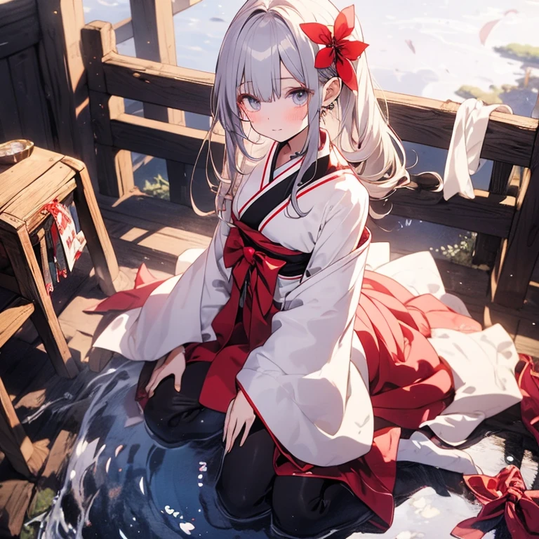 High definition、anime、A pure girl dressed in a shrine maiden's outfit、Flowers sprout from beneath your feet、18age、Halfred with long silver hair、Full body portrait、beautiful girl、A long-sleeved miko outfit、Large eyes like opals、Powerful eyes、Kagura Dance