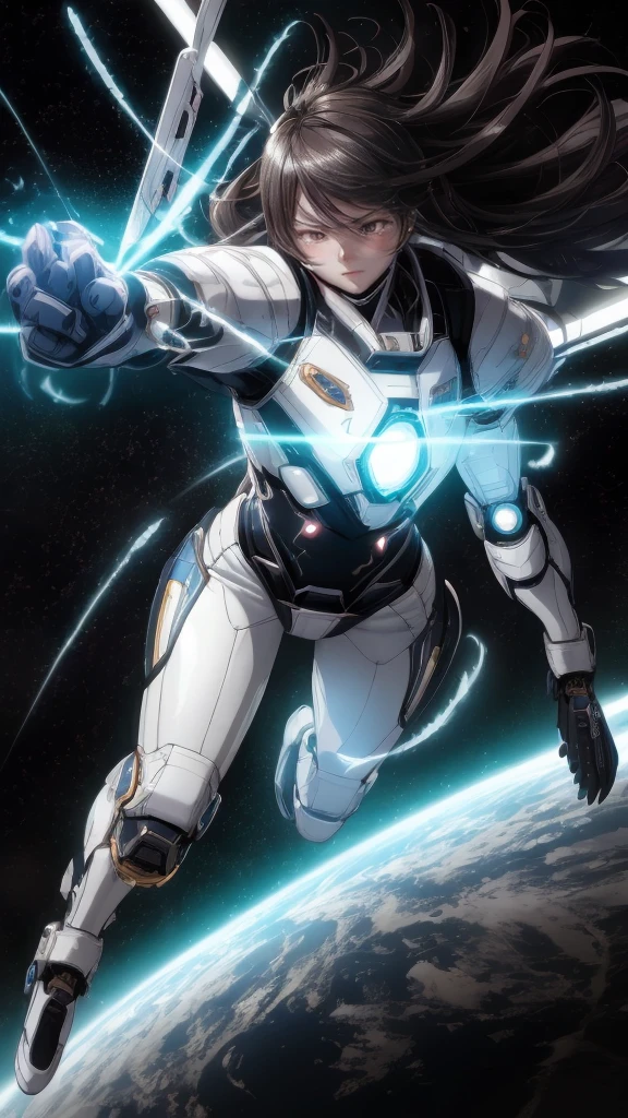 beautiful anime girl, training in spaceship, throwing multiple punches, determined expression, futuristic interior, zero gravity, dynamic pose, action shot, glowing energy effects, sleek space suit, floating hair, cinematic lighting, detailed background, high detail