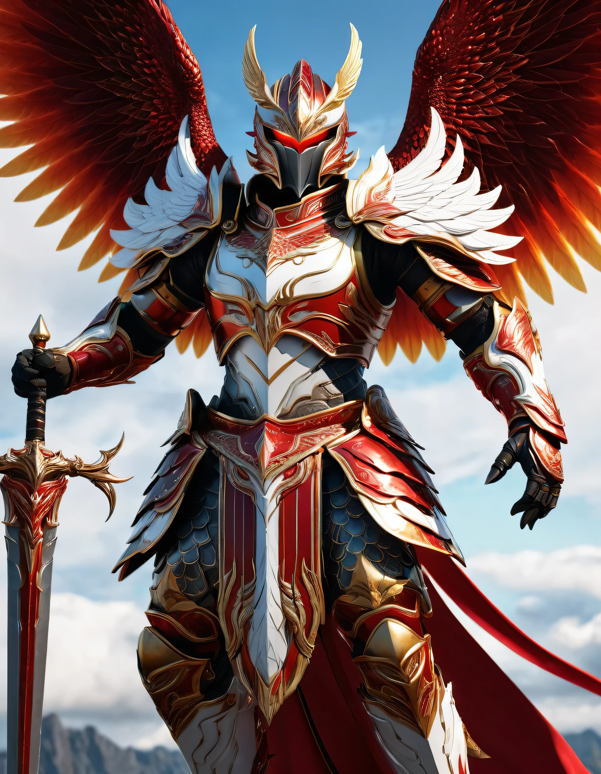 close up shot of Garuda knight with red and white wings on the surface, prajurit phoenix, unreal engine rendering, muscular phoenix, white and red robe, detailed cosmic angel, a flying scarlet phoenix, glowing iron armor, intricate iron armor, ancient dragon armor, intricate white and gold armor, red crystal wings, mode dewa, high fantasy, god king art ai, Holding Fire in left hand and a large sword in right hand, perpfect detail. hyper realistic, 4k, ALREADY. ultra detail, Hyper maximalism, fantasy, Badass, very detail, red sky and white clouds,