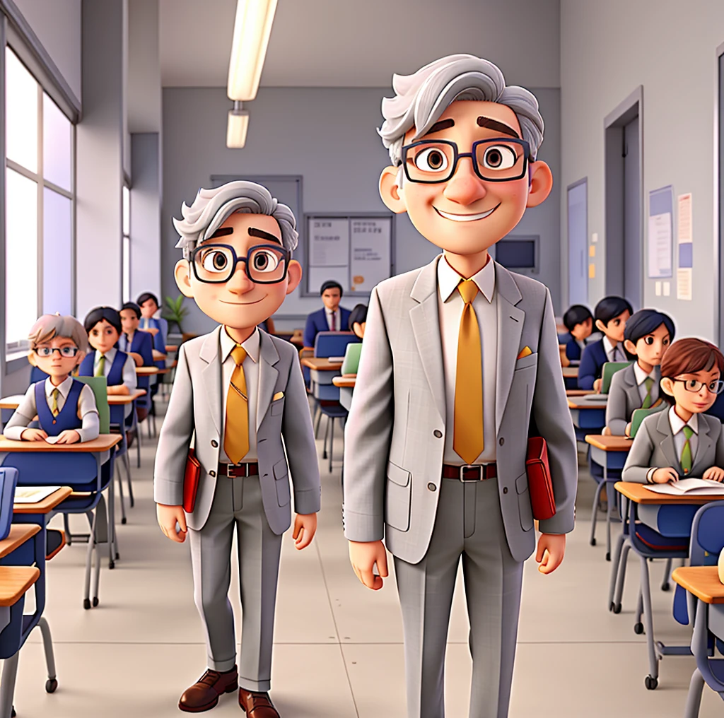 Gray-haired Professor, glasses and suit, Classroom Background