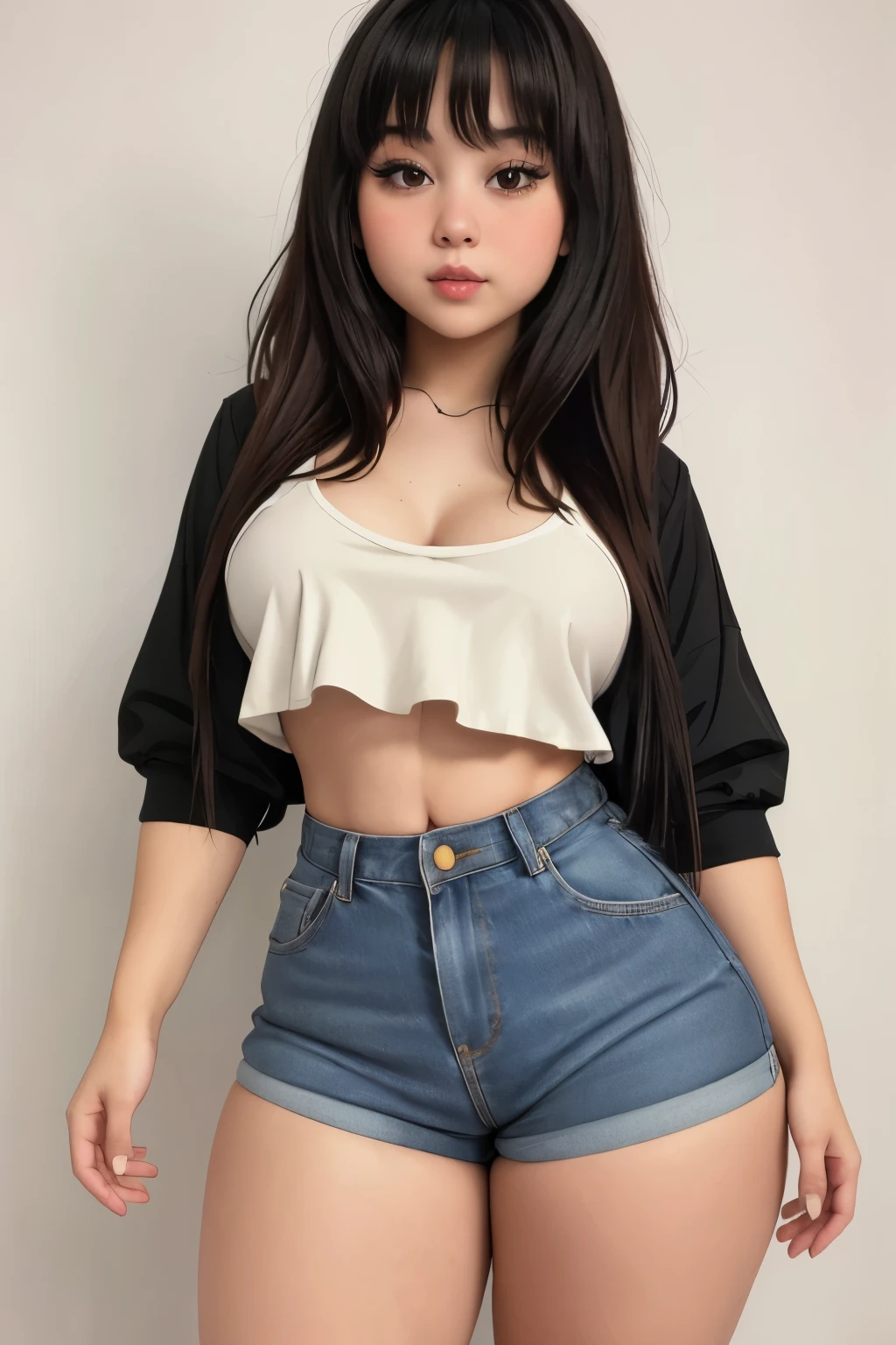 best quality, plump tween girl, medium hair, body, flat chest, slim waist, thick thighs, large hips, cute outfit