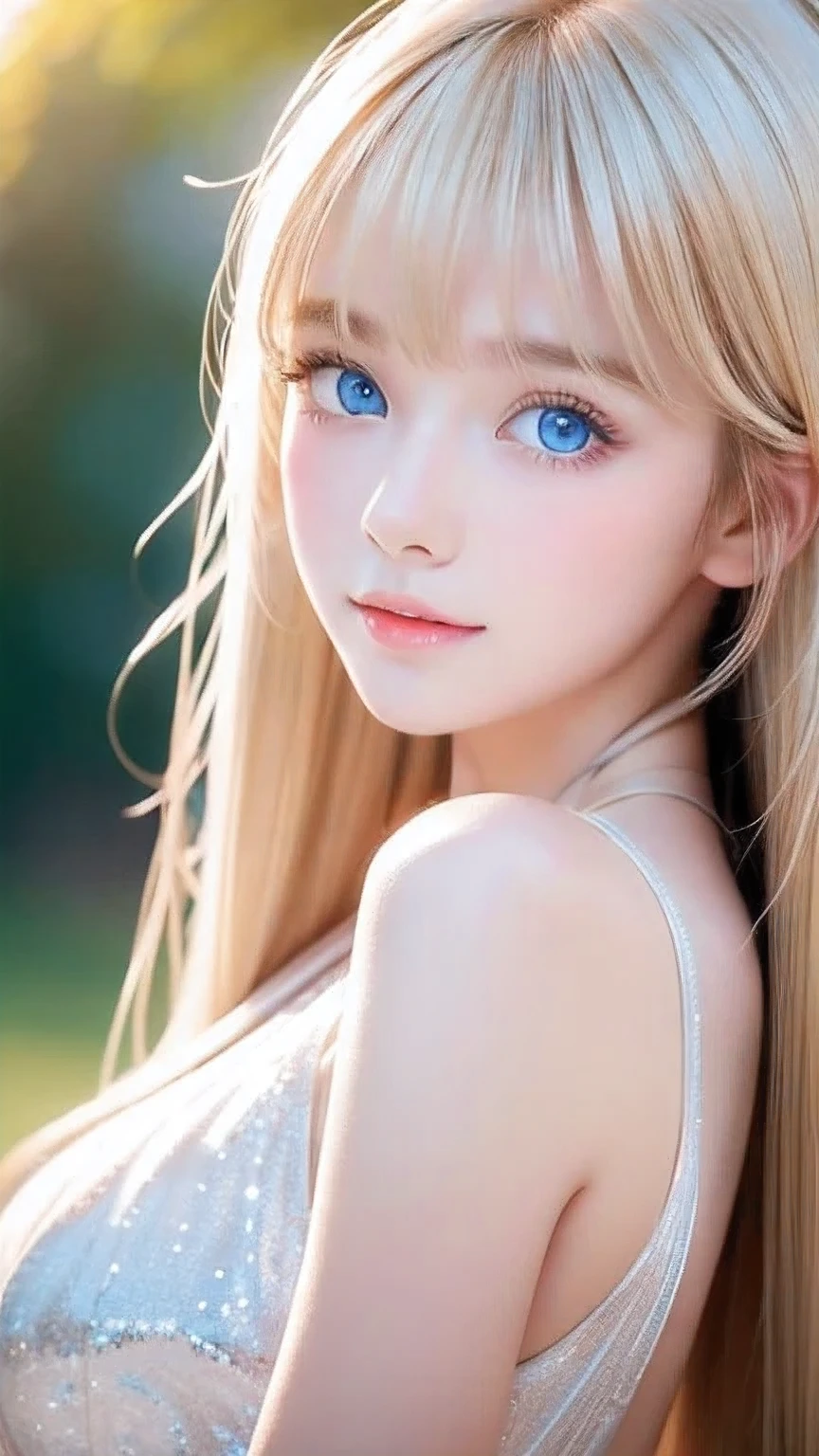 Incredibly bright, white, glossy, beautiful skin、Blonde hair color that changes with reflected light、Bangs between the eyes blocking the view、Glossy highlight on cheeks、sexy, very beautiful, lovely, cute, gorgeous face、The most beautiful face in the world、A beautiful girl、Super long blonde hair、smooth, straight hair、Big Breasts, Sparkling bright sky blue eyes、Beautiful bangs、Small Face Beauty、Round face、Very beautiful appearance