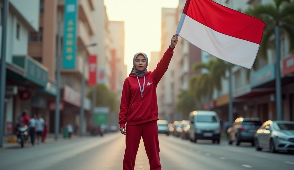 very high quality photo, independence scene, a woman wearing a hijab from Indonesia, wearing a red and white hoodie and sneakers, carrying a flag posing on the side of a city street, full body, realistic and cool visual effects, looks real and perfect, UHD 64K, very sweet