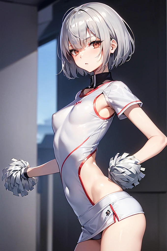 masterpiece, best quality,anime style, 1 girl,(((slender body))), (((small eyes,small breast))),(((cheerleader uniform))), (beautiful face), (((short hair))), (((straight hair))), ((((silver hair)))),detailed beautiful skin, (perfect hands, perfect anatomy),scream