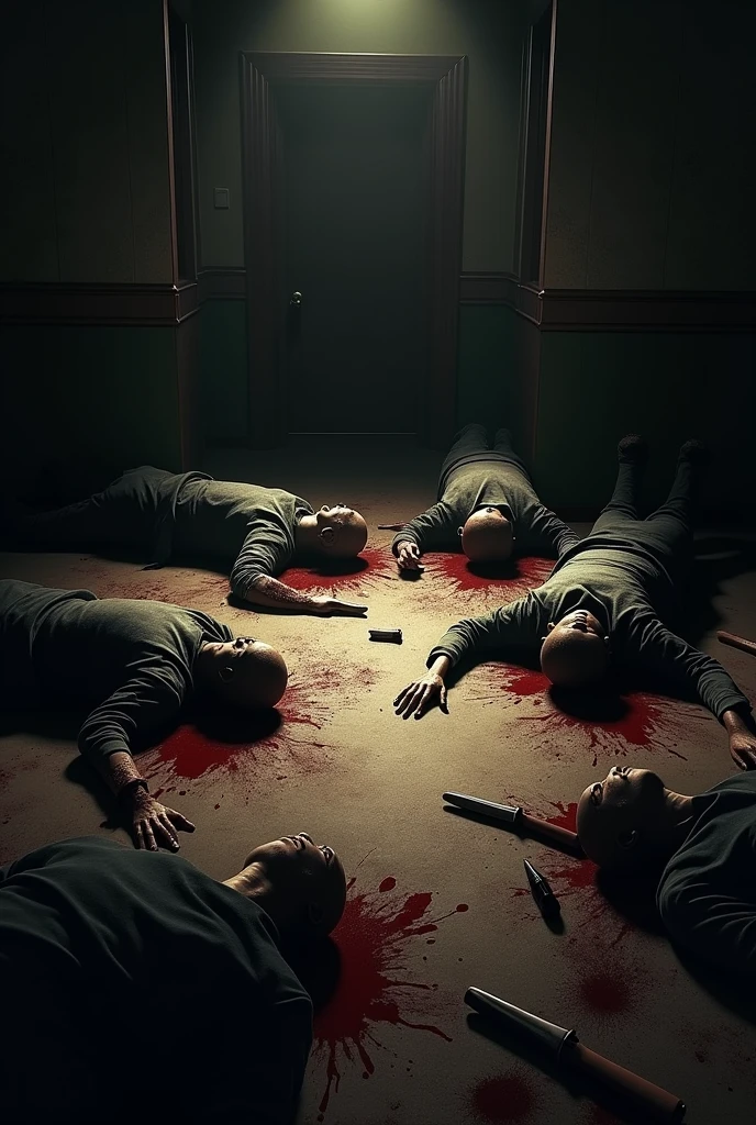 create a deadly scenario, a dark room with several bodies and bullets and knives and blood on the floor, In the middle of the room, an empty space