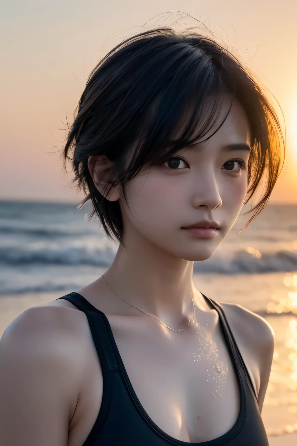 Best quality, masterpiece, ultra high res, (photorealistic:1.5), raw photo, 1girl, beach, deep shadow, low key, cold light, sexy look, short hair, swimsuit