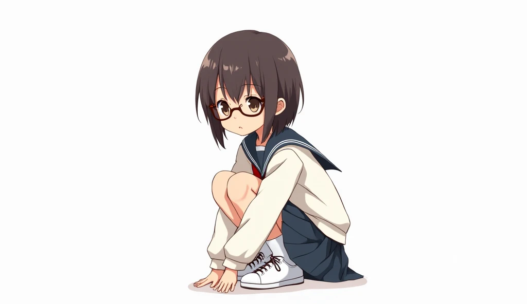 Japanese chiby anime, teenage girl in Japanese school uniform long sleeved, dark short brown hair thin bangs, beautiful narrow eyes, squatting on the floor, white background, full body, cute,white knee socks and white lace-up shoes,wearing glasses
