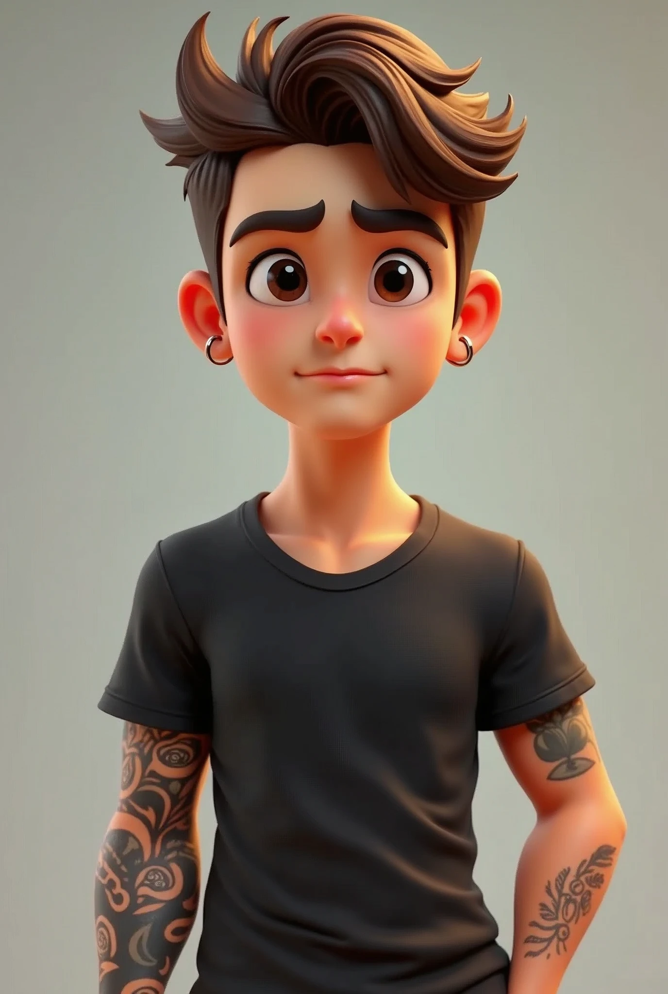 A young man of , with brown short hair, boxy face, and brown eyes, wearing black t-shirt. with tattoo left arm, 3d cartoon, with hoop earring.