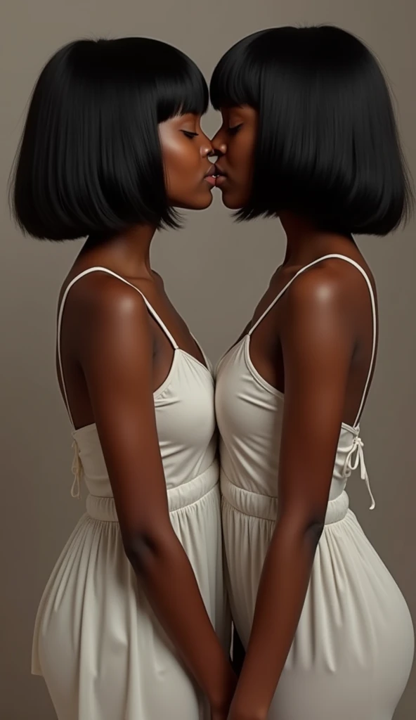 (2 DARK SKIN EBONY AFRO GIRLS 14 YO),Two girls dressed in SHEER WHITE silk CAMISOLE having sex KISSING SOFTLY (BOTH GIRLS HAVE LARGE BREASTS AND CLEAVAGE), (HAIR CUT IS SHAG CUT),, ,,(BOTH GIRLS HAVE BLACK HAIR ,, HAVE THEM TURNED SLIGHTLY TOWARDS THE VIEWER SO VIEWER CAN SEE THE LIPS KISSING)(THEY SHOULD BE LOOKING AT THE CAMERA SO YOU CAN SEE THE DELIGHT IN THEIR EYES.