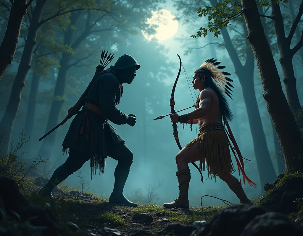 An Indian fighting a ninja in the forest at night