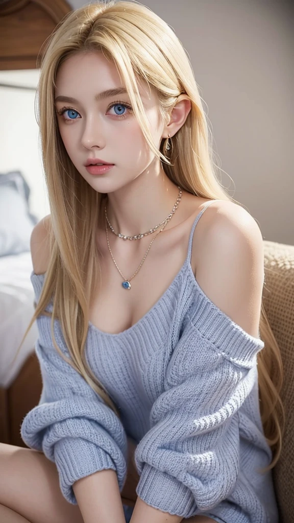 1 girl in, , One, long hair, Colossal , Looking at the viewer, blonde hair, bare shoulders, Blue eyes, jewelry, whole body, Necklace, off the shoulders, Sweaters, Realistic, sexual