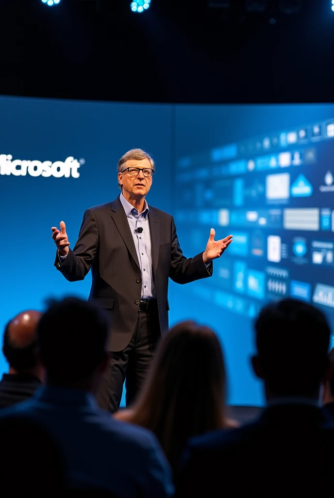 The image focuses on a setting at a conference or public event, with Bill Gates on the podium, addressing an attentive audience.

Gates, wearing a formal suit and looking serious and confident, He is standing in front of a background displaying his company&#39;s logo., Microsoft, and other elements that suggest a technological and business environment.

His facial expression and body language exude determination and confidence as he explains his vision for the future of mobile technology.. With emphatic gestures, seems to emphasize his key points to the audience, composed of journalists, Analysts and other guests.

In the front rows, Some people can be seen taking notes on tablets or laptops., while others have their smartphones in their hands, as if they were recording or following the presentation through their mobile devices.

However, Gates&#39; message, as conveyed through the image, is that these traditional devices will become less and less necessary as new technologies and forms of interaction emerge..

Behind the Gates, A giant screen is projected showing diagrams, graphs and visualizations that support your arguments. These visuals seem to emphasize concepts such as artificial intelligence., Augmented reality and integration between different technological platforms.

The general atmosphere conveys a sense of anticipation and expectation surrounding Gates&#39; predictions., with the audience attentive and receptive to his words about the future of mobile technology.