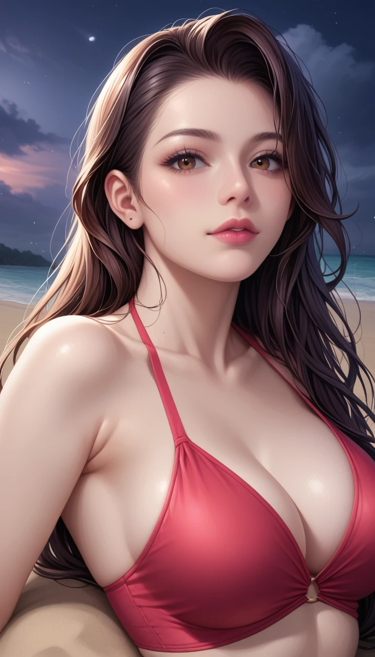 score_9, score_8_superior, score_7_superior, High-resolution CG illustration,A masterpiece in 32K resolution,Highest quality,it is really amazing,Very detailed,Ultra-high resolution,Ultra-realistic,Realistic,Increased depth of field,Cinematic lighting,
Sexy mature Japan woman,
Straight long hair with black hair,Ultra-detailed and beautiful face,Calm and gentle look,Beautiful brown eyes,Translucent white skin,Realistic skin texture,Great proportions,
Elegant red swimsuit,
Simple design,Chic color scheme based on red,Detailed fabric texture,
(Dark overcast sky on a dull night:1.1),(Dark clouds filling the sky:1.1),Thundercloud,Coastline at night,Stormy seas,delay々A desolate sandy beach that continues,
(Lying on the sandy beach:1.2),