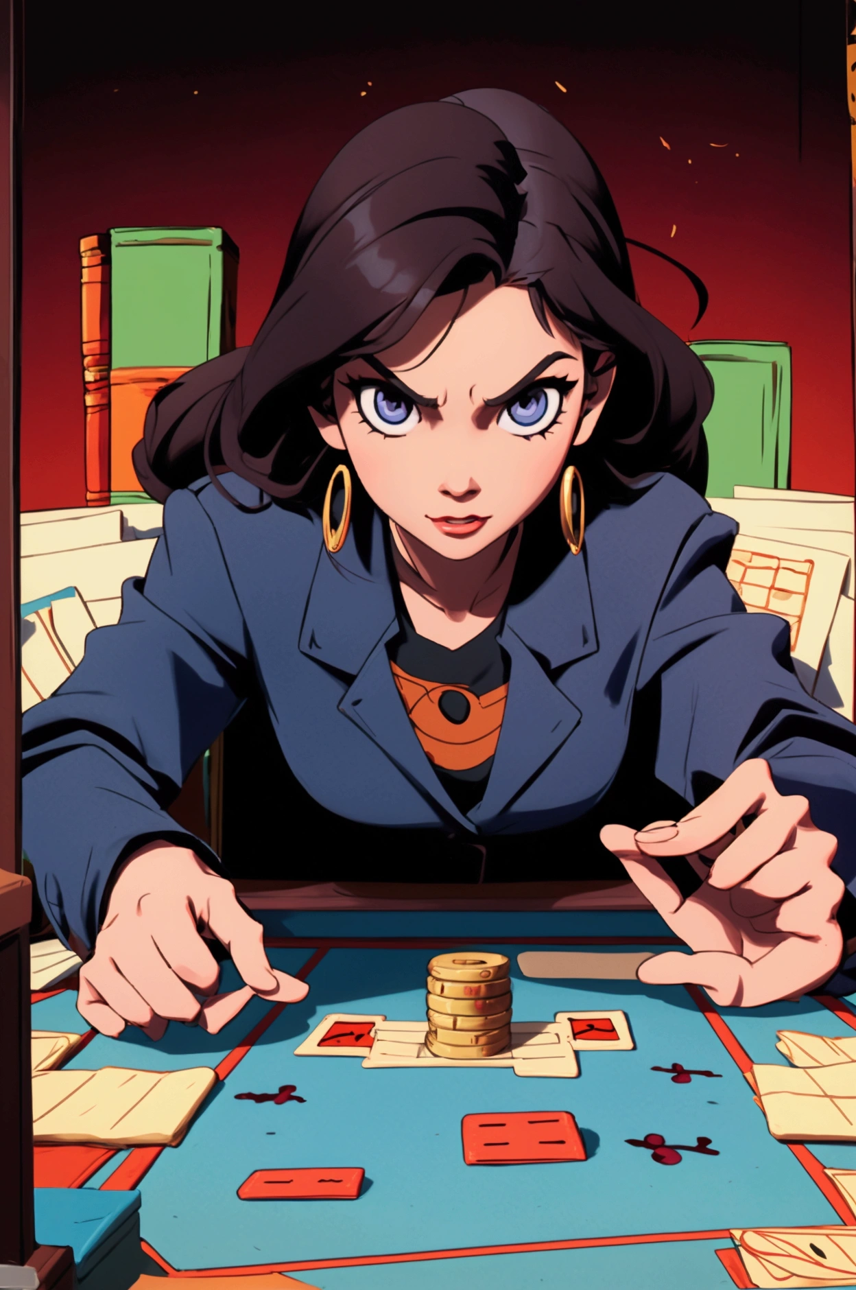 People are playing a card board game and there are 6 small hourglasses on the table in the office of the company. The mood is fun, fierce, wanting to win. The atmosphere is exciting. 
