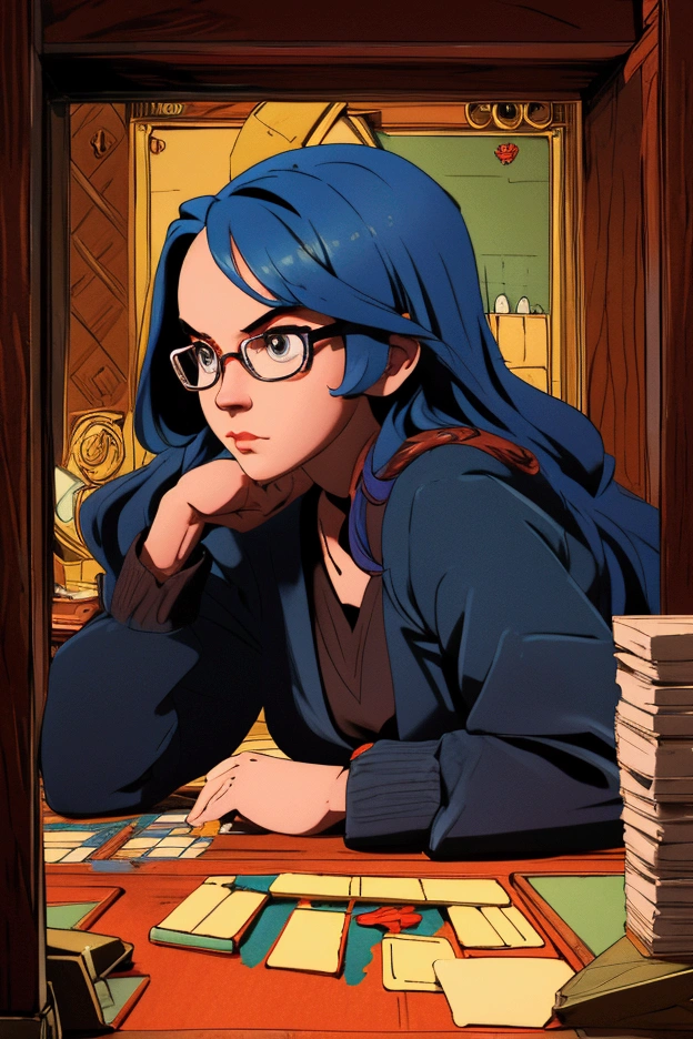 People are playing a card board game and there are 6 small hourglasses on the table in the office of the company. The mood is fun, fierce, wanting to win. The atmosphere is exciting.