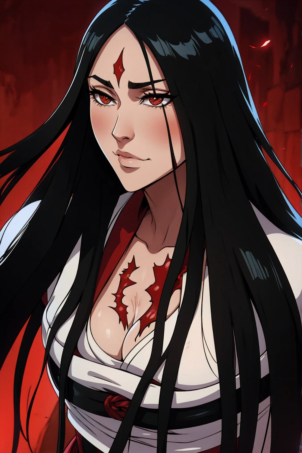 (((Perfect figure,figure,black Japanese clothing,feather woven, (((bleach,(((Scars on the chest))), red eyes,Unohana))),S-shaped figure:1.7))),((masterpiece)),high resolution, ((Best quality at best)),masterpiece,quality,Best quality,((( Exquisite facial features,looking at the audience,There is light in the eyes,Happy,nterlacing of light and shadow,huge ))),(((looking into camera,fighting stance,red background,Blood)))