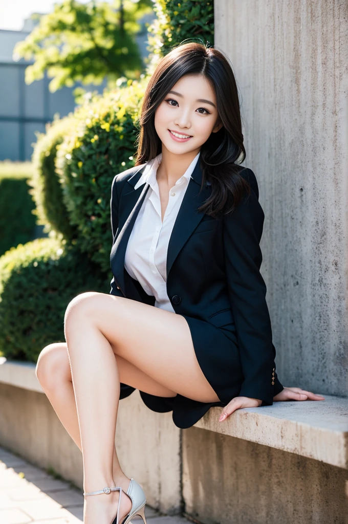 Pure Japanese young girl, outstanding body, beautiful legs, wearing traditional business suits, high heels, vivid makeup and lips, thick eyebrows, formal black hair styles, sweet smile, professional portrait photography, sitting, summer sunlight, 