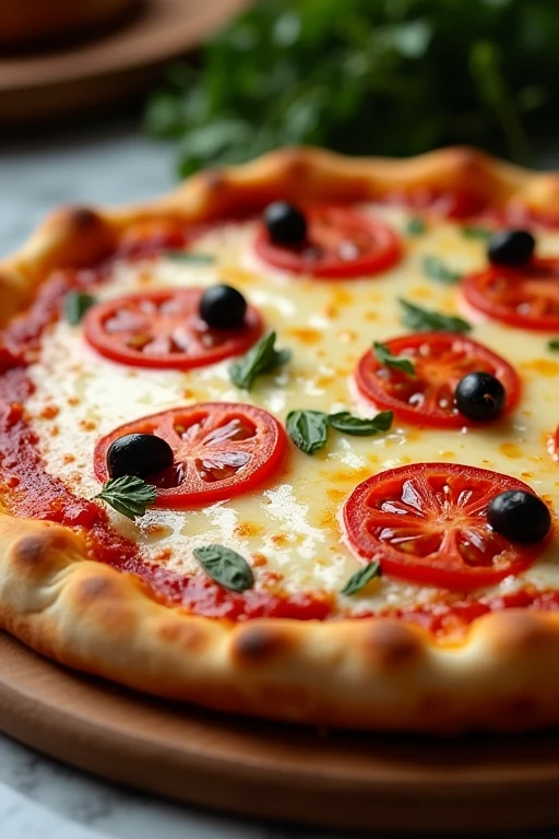 Image from afar showing a realistic mozzarella Pizza with lots of melted cheese, 5 tomato slices and olives between each tomato slice, catupiry cheese edges. The pizza is on a round board on a countertop.