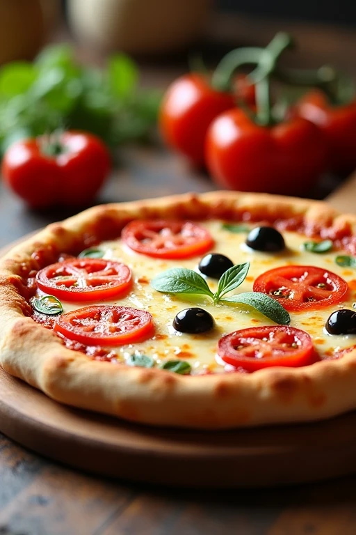 Image from afar showing a realistic mozzarella Pizza with lots of melted cheese, 5 tomato slices and olives between each tomato slice, catupiry cheese edges. The pizza is on a round board on a countertop.
