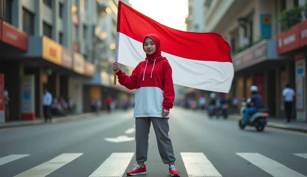 very high quality photo, independence scene, a woman wearing a hijab from Indonesia, wearing a red and white hoodie and sneakers, carrying a flag posing on the side of a city street, full body, realistic and cool visual effects, looks real and perfect, UHD 64K, very sweet