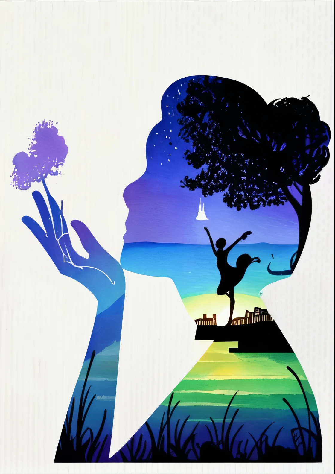 A cityscape spreads out in the background、Female painting, detailed silhouette, ✏️🎨, Inspired by Milton Glazer, Great art, With the sunset, Sunset in the city, Beautiful art, Sunset around my head, Great art, stylized silhouette, City view, silhouette!!!, Sunset illustration, Brain City Art, Watercolor, silhouette over sunset, Beautiful artwork