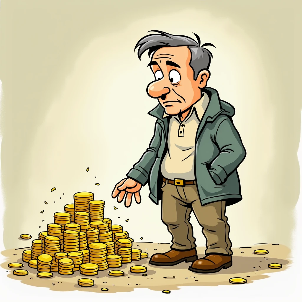 A man was too lazy to pick up the gold right in front of him. Cartoon.