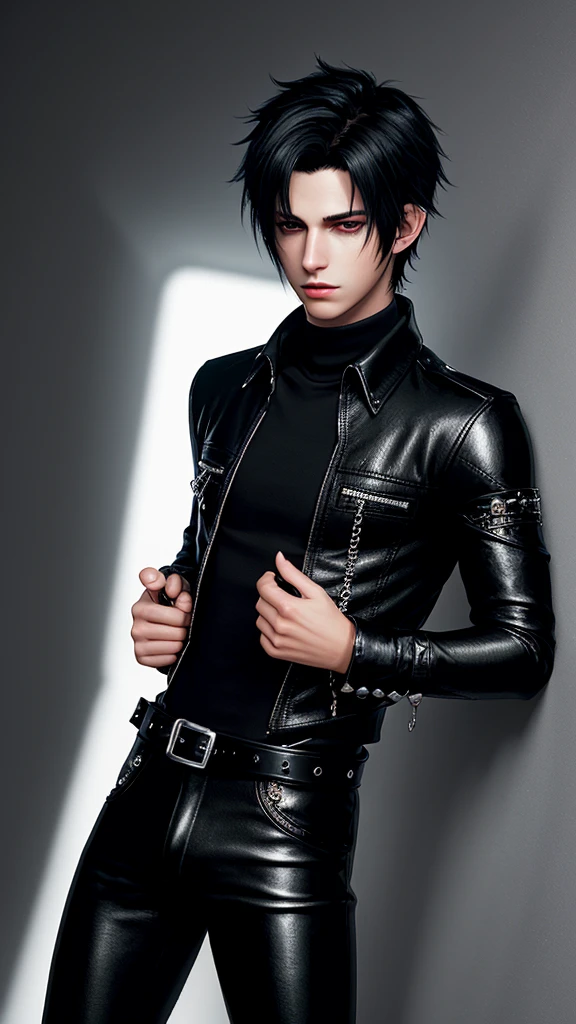 Final fantasy taste and reality graphics, Japanese young cute and cool ikemen boy, his age is early 20s, thin eyebrows and beady eyes, he wearing off black color leather thick singlebrest biker jacket, with epaulet, leather jacket close all zippers, jacket is biker style, jacket is voluminous, , jacket collar is high length stand-up collar with belts, jacket is a little black line pattern,close the front of the jacket, also wearing black thick turtleneck polyester shirts, tight black leather pants, shiny black leather full finger tight and thin glove, black leather knee-high raceup boots,must views head-to-toe,must views whole body, boy looks like fashion model,Do not show skin from the neck down,,boy is arrested and handcuffed,