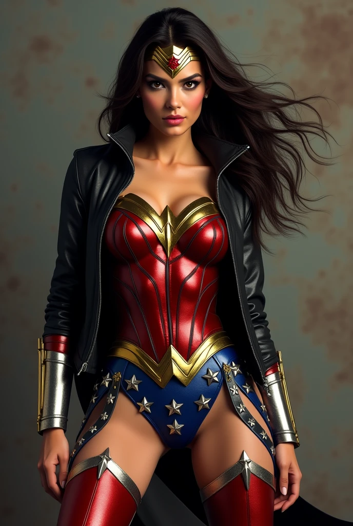 A beautiful woman Adriana Lima under the mantle of the Amazonian warrior Wonder Woman, long black hair, red corset, black leather jacket and black leather pants, red knee-high boots, Wonder Woman diadema on her forehead.