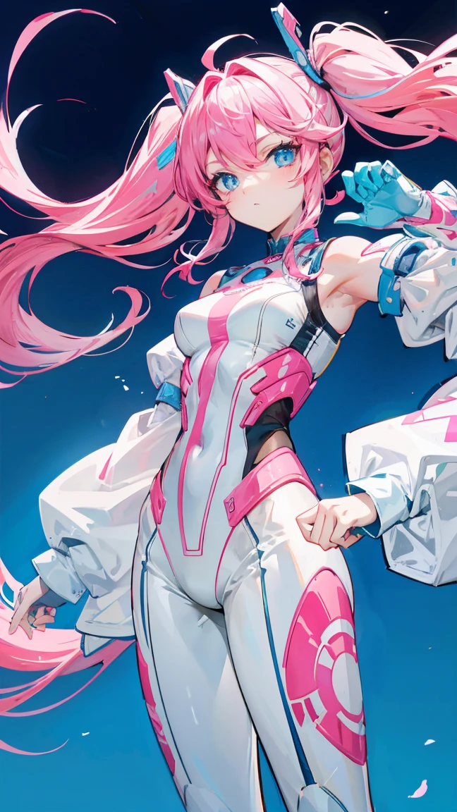 Solid color background,Long hair with double ponytails,Pink Hair,The tight white racing suit has light blue sleeves.,Blue Eyes,Stand upright,ID photo,Stand upright